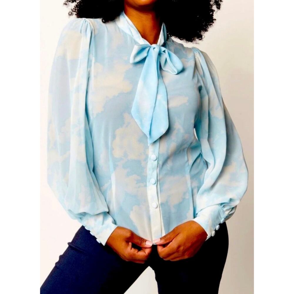 Unique Vintage Blue White Cloudy Skies Neck Tie Gwen Blouse XS NWOT